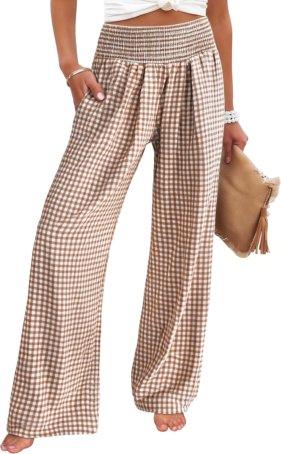 Womens Striped Gingham Palazzo Pants | Wide Leg Smocked High Waisted Pajama Pants, Lounge & Casual, Summer Fall Cute Pants with Pockets