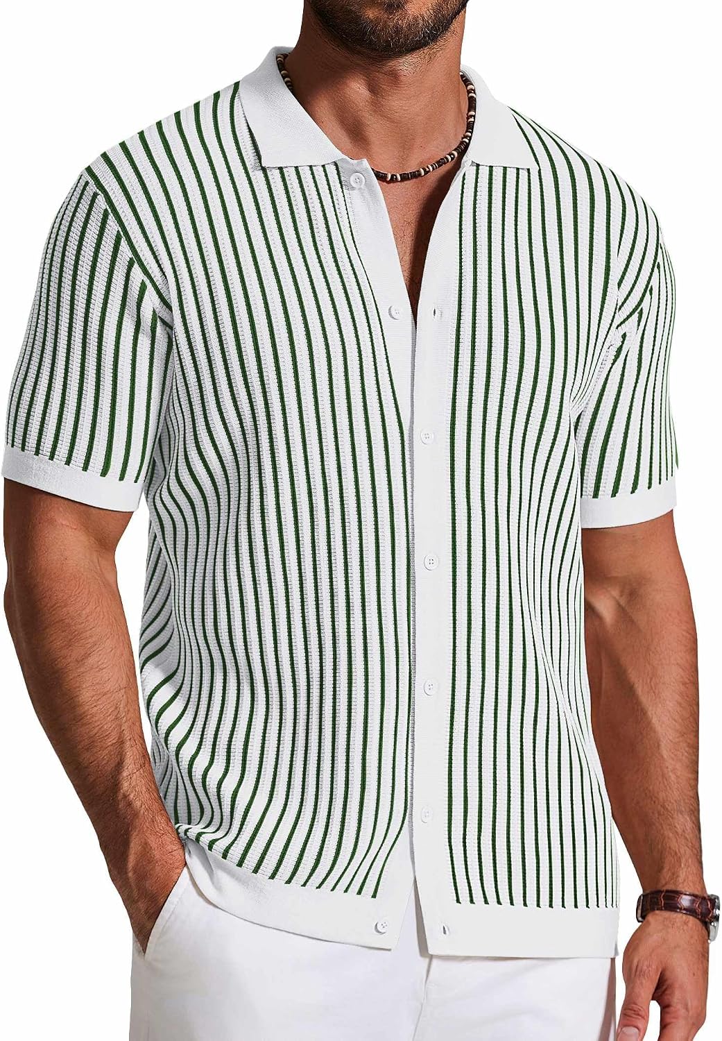 Mens Knit Button Down Shirts Short Sleeve Polo Shirt Vintage Striped Casual Shirts