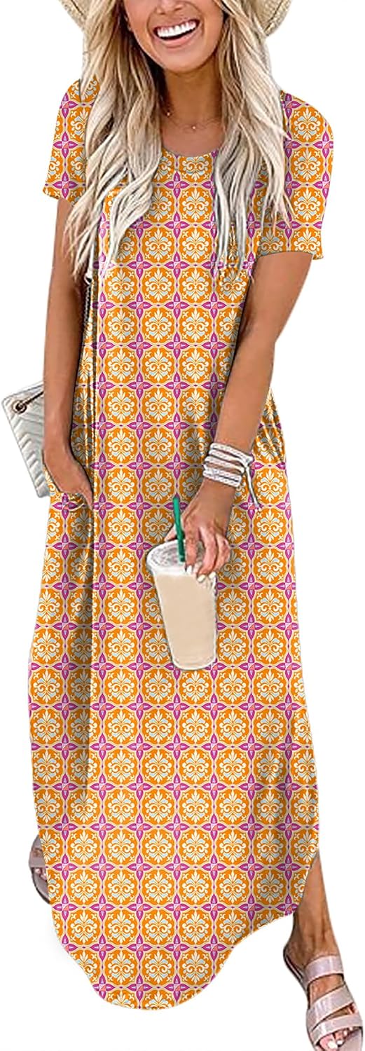 Womens Summer Maxi Dress Short Sleeve Casual Loose Long T Shirt Dresses Split Vacation Beach Sundress Travel Outfits