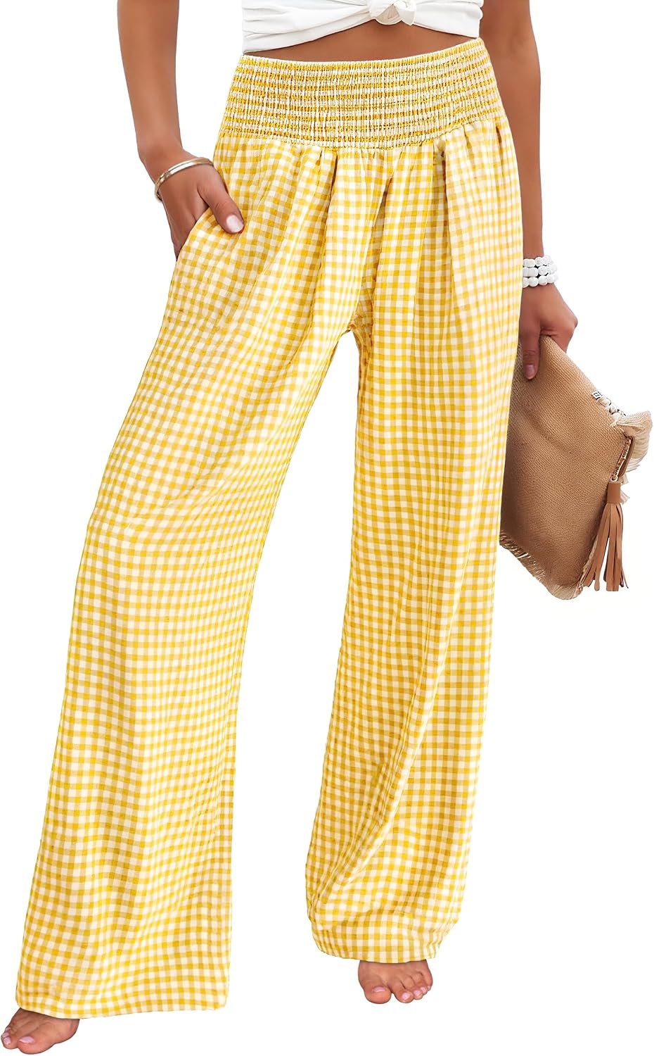 Womens Striped Gingham Palazzo Pants | Wide Leg Smocked High Waisted Pajama Pants, Lounge & Casual, Summer Fall Cute Pants with Pockets