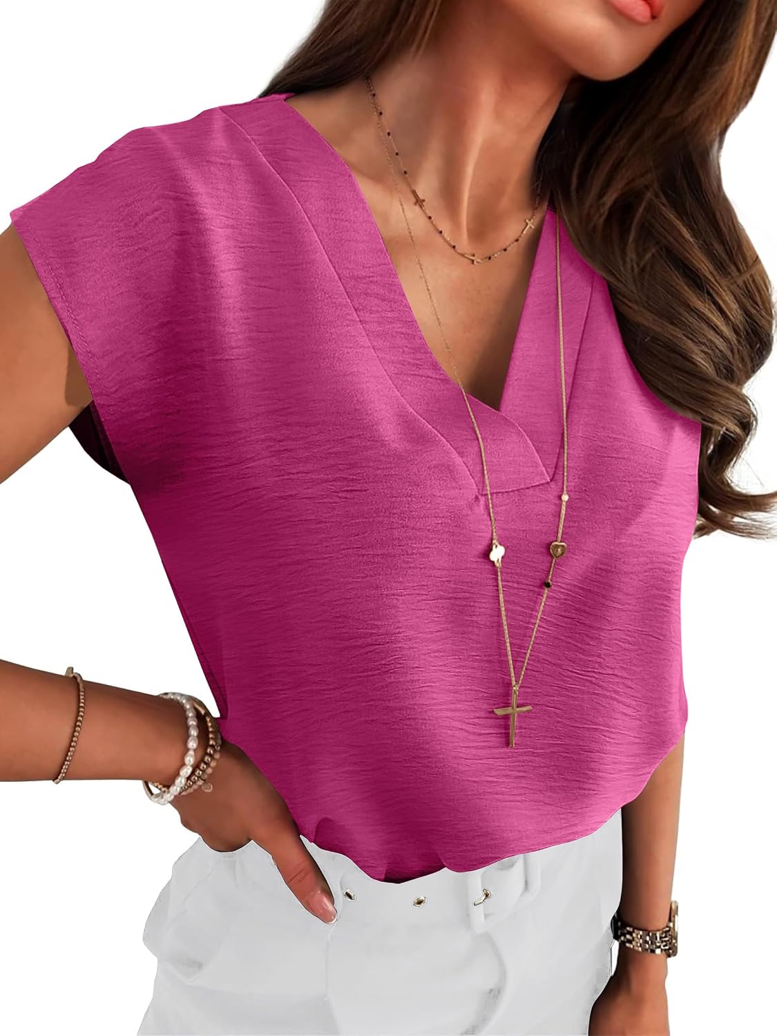 Women Tops Cap Sleeve Dressy Casual V Neck Shirts 2026 Summer Business Work Blouses Outfits Trendy Spring Clothing