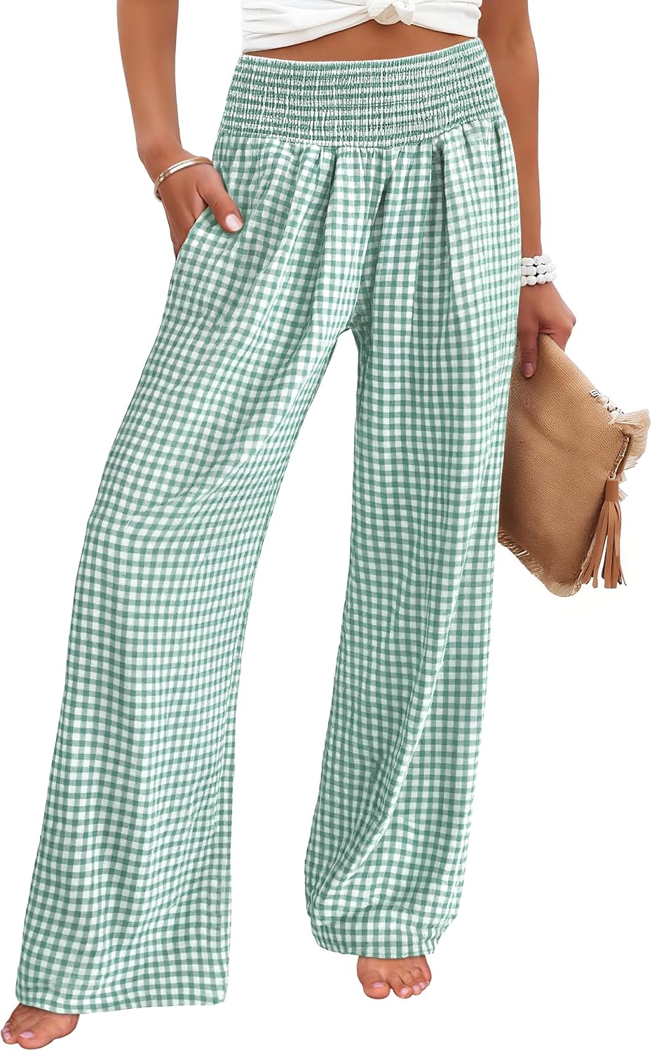 Womens Striped Gingham Palazzo Pants | Wide Leg Smocked High Waisted Pajama Pants, Lounge & Casual, Summer Fall Cute Pants with Pockets