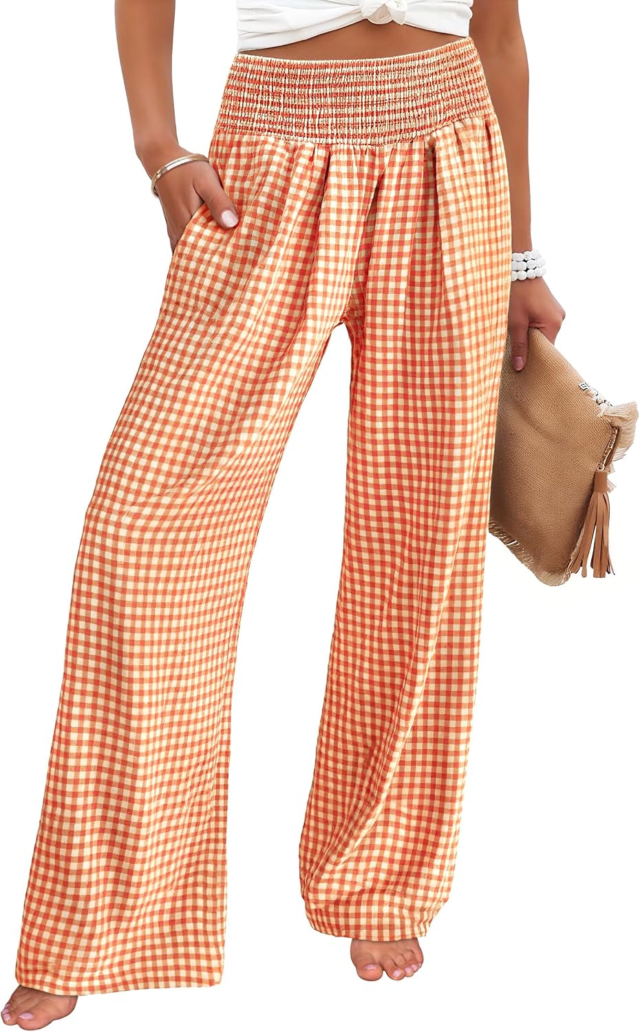 Womens Striped Gingham Palazzo Pants | Wide Leg Smocked High Waisted Pajama Pants, Lounge & Casual, Summer Fall Cute Pants with Pockets
