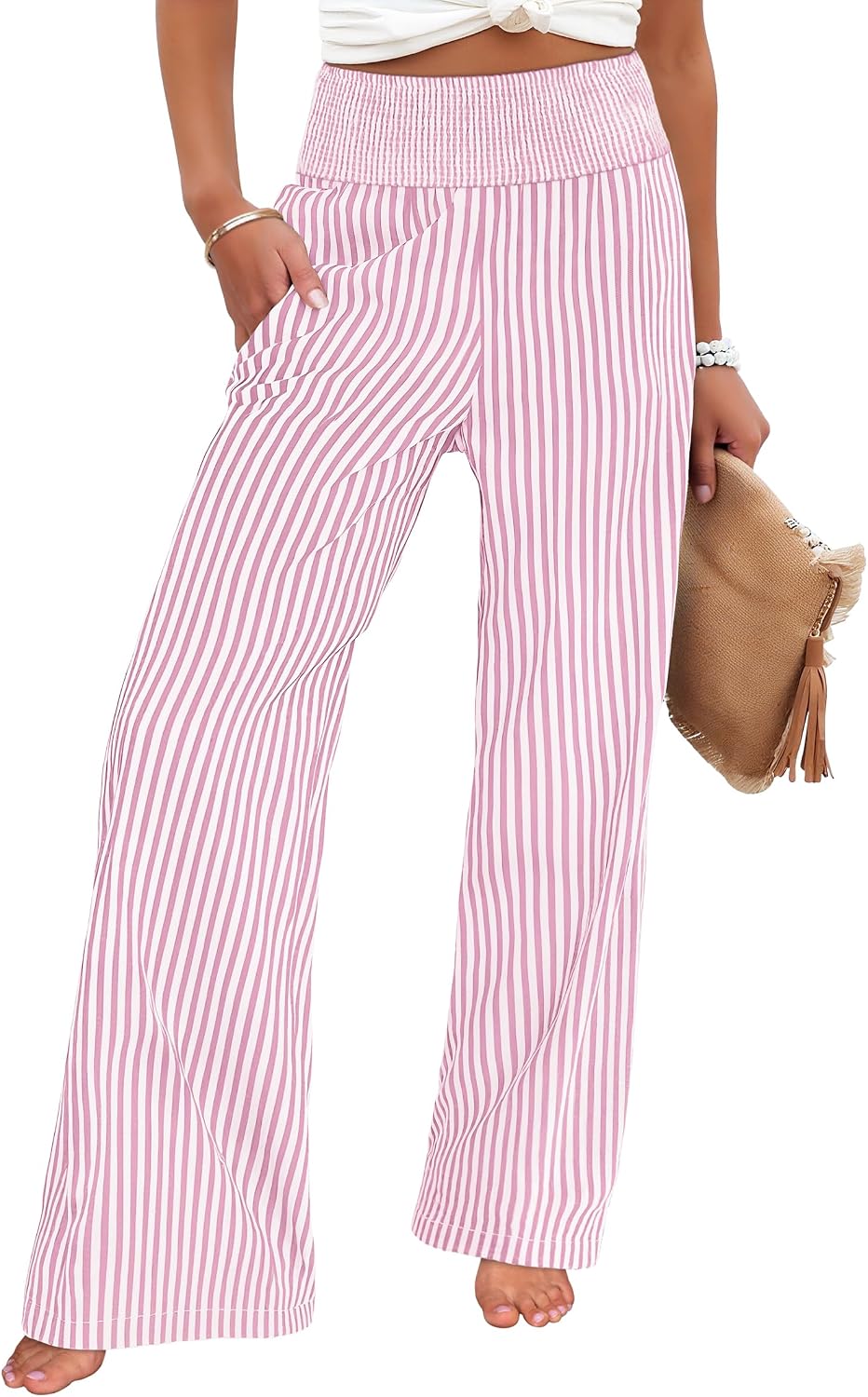 Womens Striped Gingham Palazzo Pants | Wide Leg Smocked High Waisted Pajama Pants, Lounge & Casual, Summer Fall Cute Pants with Pockets