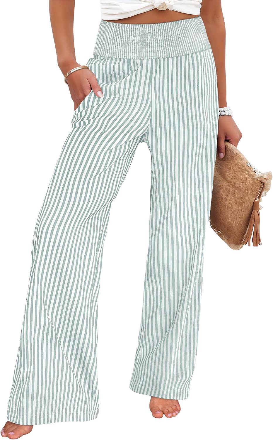 Womens Striped Gingham Palazzo Pants | Wide Leg Smocked High Waisted Pajama Pants, Lounge & Casual, Summer Fall Cute Pants with Pockets