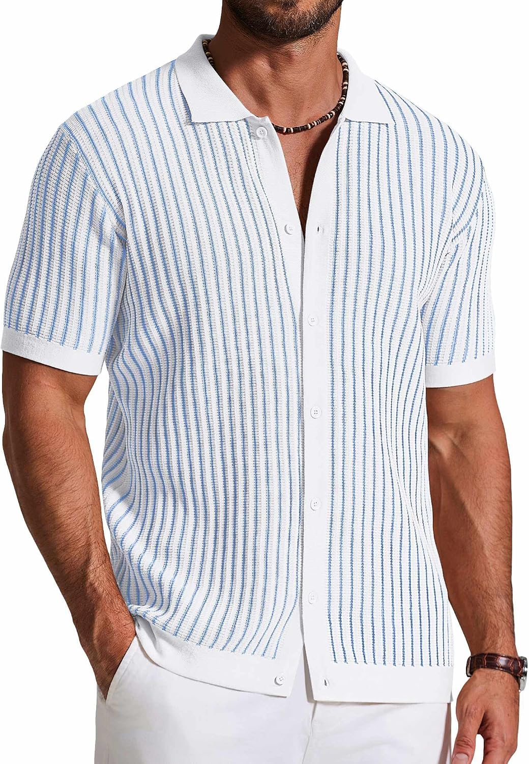 Mens Knit Button Down Shirts Short Sleeve Polo Shirt Vintage Striped Casual Shirts