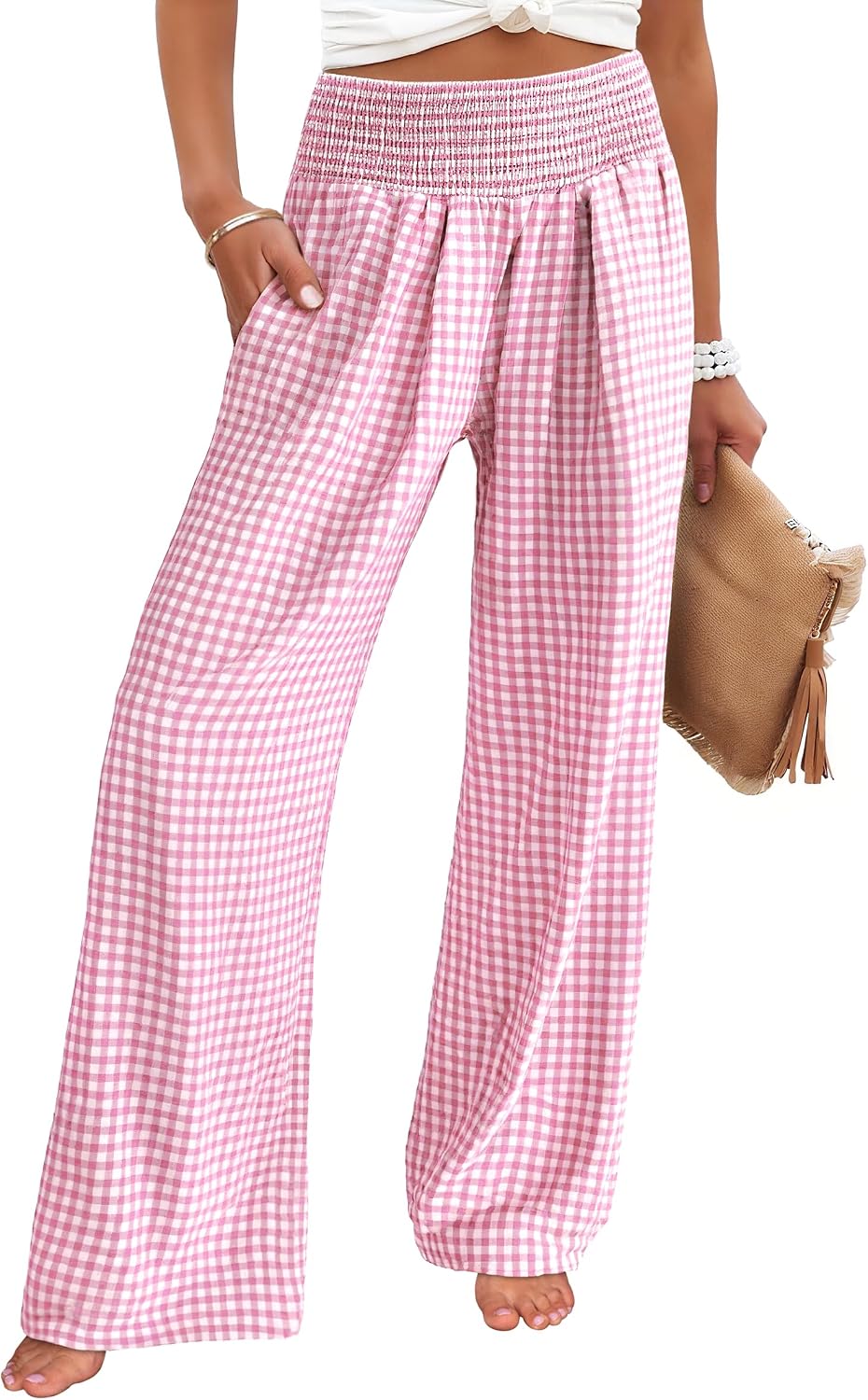 Womens Striped Gingham Palazzo Pants | Wide Leg Smocked High Waisted Pajama Pants, Lounge & Casual, Summer Fall Cute Pants with Pockets