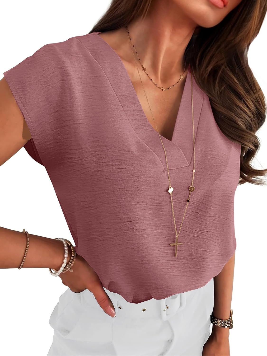 Women Tops Cap Sleeve Dressy Casual V Neck Shirts 2026 Summer Business Work Blouses Outfits Trendy Spring Clothing