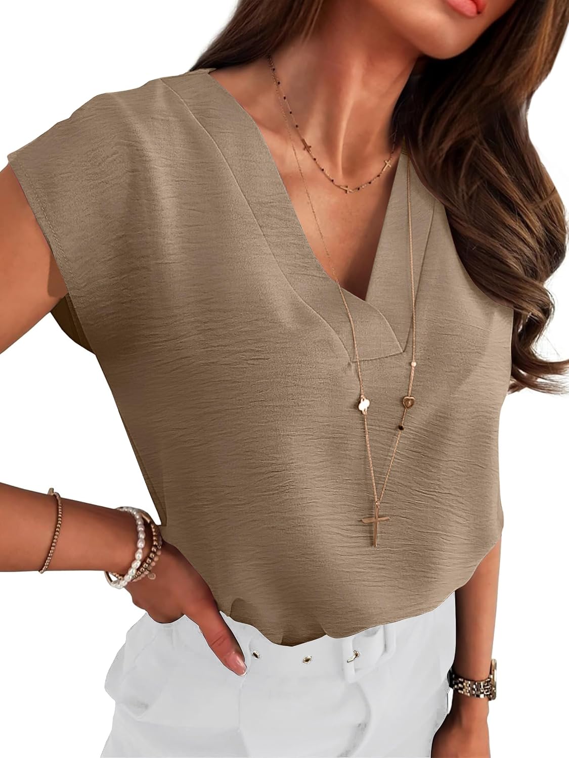 Women Tops Cap Sleeve Dressy Casual V Neck Shirts 2026 Summer Business Work Blouses Outfits Trendy Spring Clothing