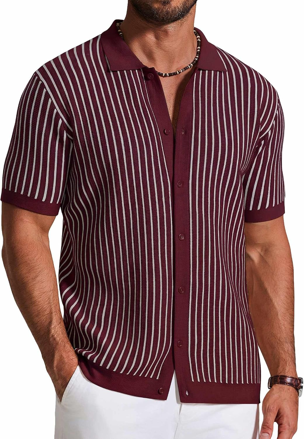 Mens Knit Button Down Shirts Short Sleeve Polo Shirt Vintage Striped Casual Shirts