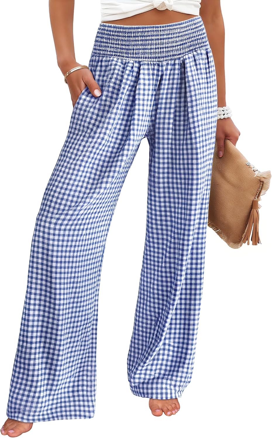 Womens Striped Gingham Palazzo Pants | Wide Leg Smocked High Waisted Pajama Pants, Lounge & Casual, Summer Fall Cute Pants with Pockets