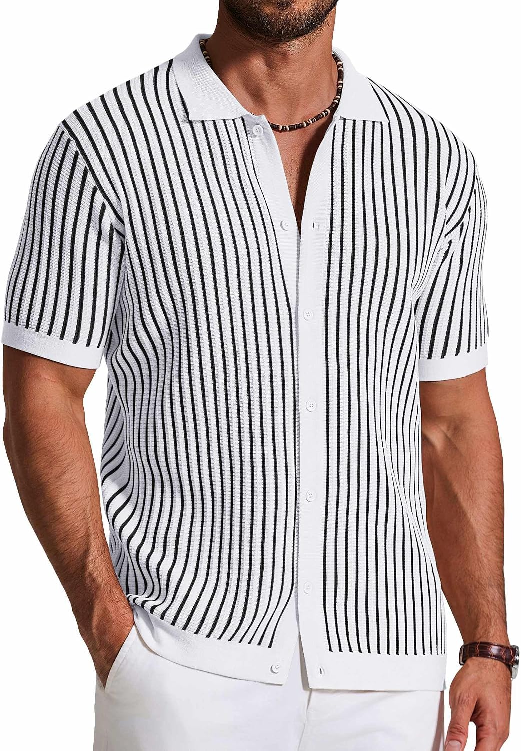 Mens Knit Button Down Shirts Short Sleeve Polo Shirt Vintage Striped Casual Shirts
