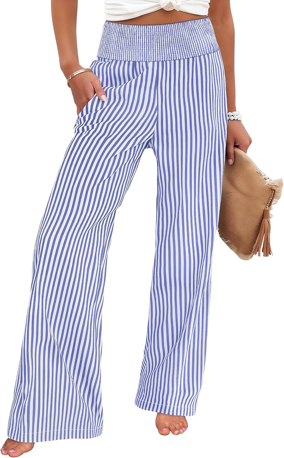 Womens Striped Gingham Palazzo Pants | Wide Leg Smocked High Waisted Pajama Pants, Lounge & Casual, Summer Fall Cute Pants with Pockets