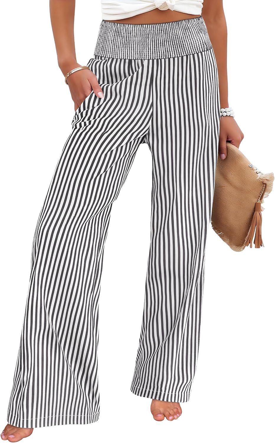 Womens Striped Gingham Palazzo Pants | Wide Leg Smocked High Waisted Pajama Pants, Lounge & Casual, Summer Fall Cute Pants with Pockets