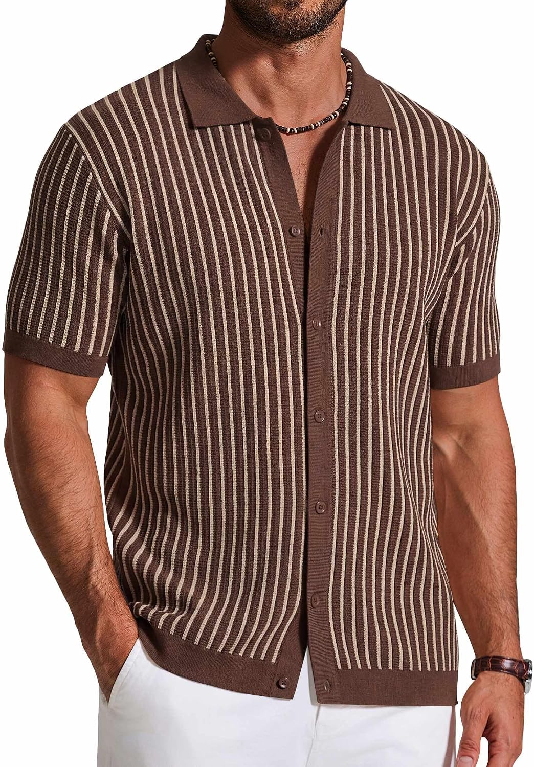Mens Knit Button Down Shirts Short Sleeve Polo Shirt Vintage Striped Casual Shirts