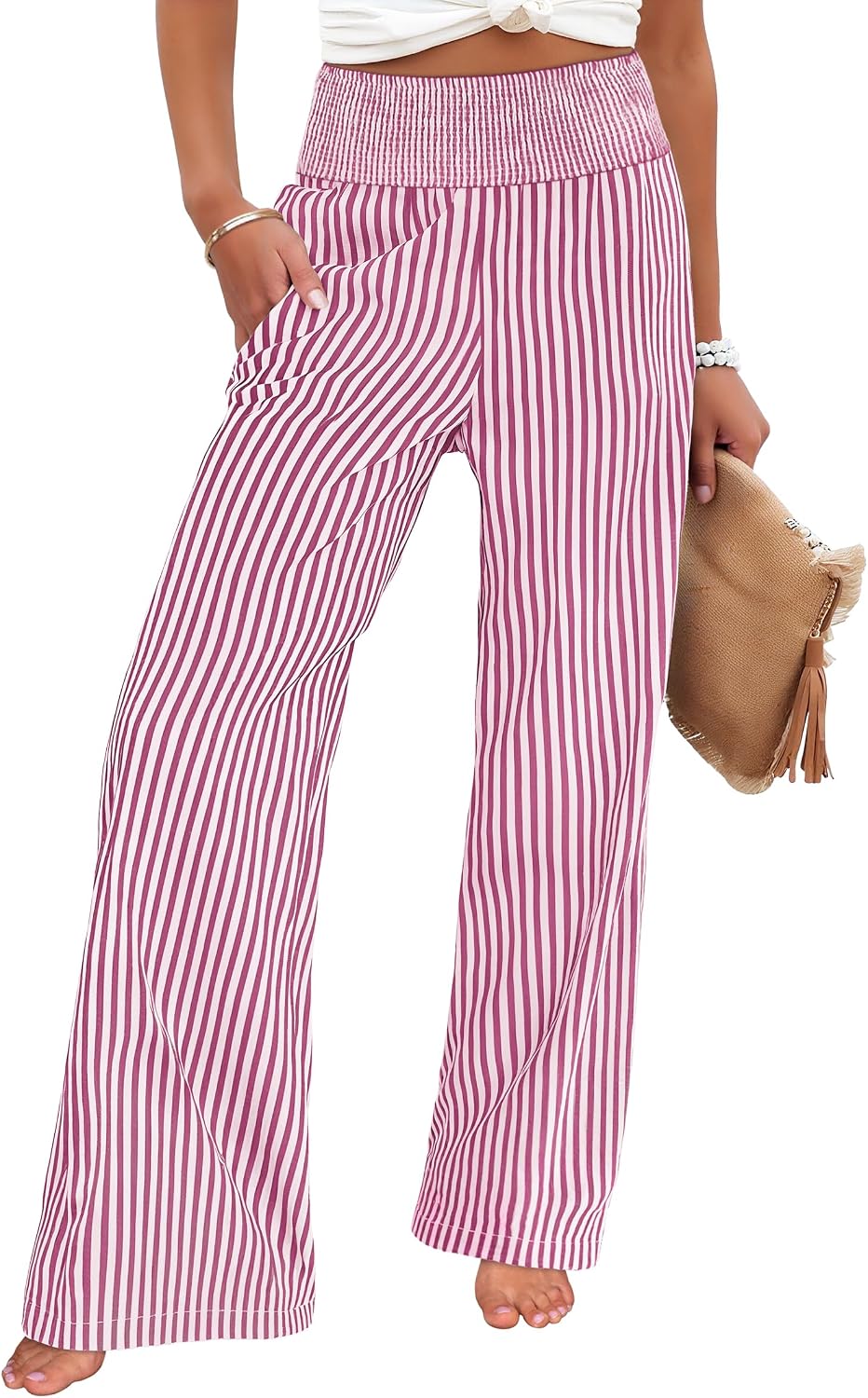 Womens Striped Gingham Palazzo Pants | Wide Leg Smocked High Waisted Pajama Pants, Lounge & Casual, Summer Fall Cute Pants with Pockets
