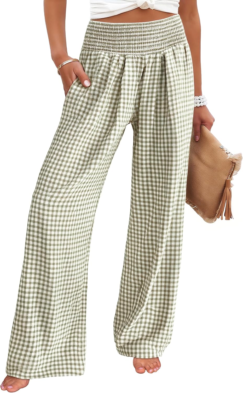 Womens Striped Gingham Palazzo Pants | Wide Leg Smocked High Waisted Pajama Pants, Lounge & Casual, Summer Fall Cute Pants with Pockets