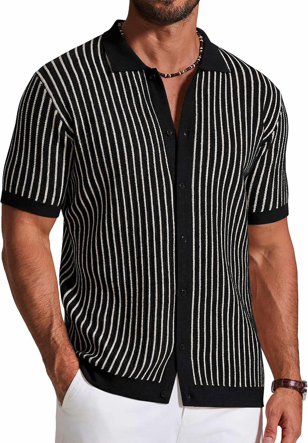 Mens Knit Button Down Shirts Short Sleeve Polo Shirt Vintage Striped Casual Shirts