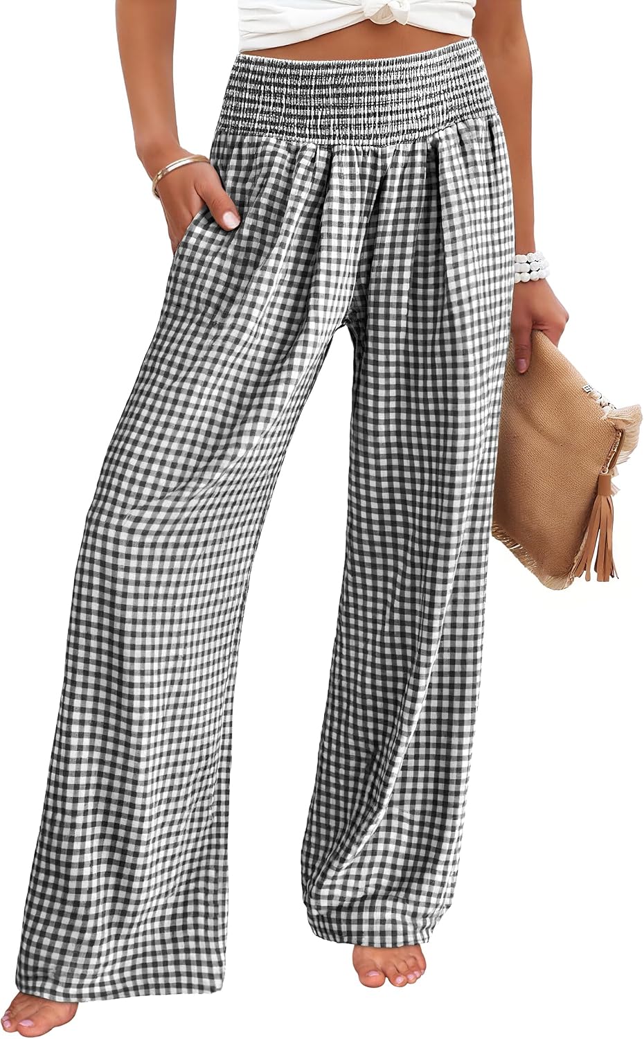 Womens Striped Gingham Palazzo Pants | Wide Leg Smocked High Waisted Pajama Pants, Lounge & Casual, Summer Fall Cute Pants with Pockets