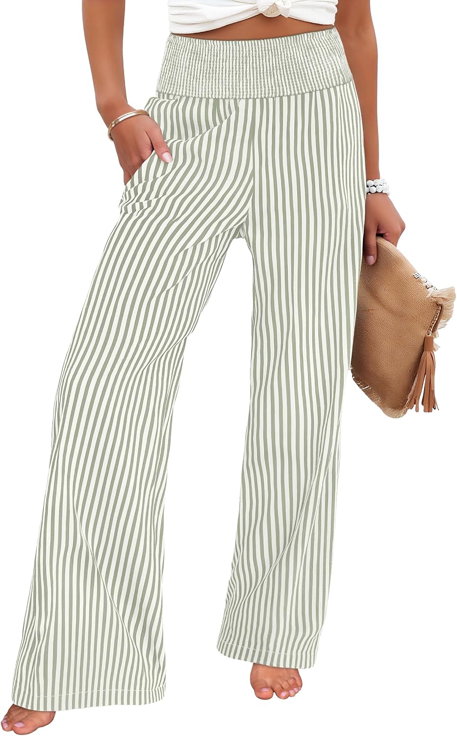 Womens Striped Gingham Palazzo Pants | Wide Leg Smocked High Waisted Pajama Pants, Lounge & Casual, Summer Fall Cute Pants with Pockets