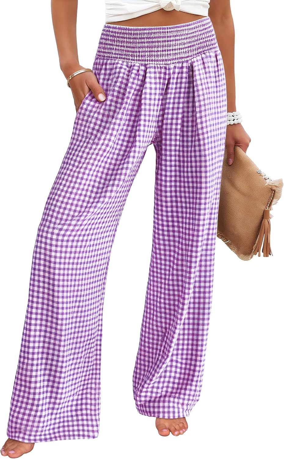 Womens Striped Gingham Palazzo Pants | Wide Leg Smocked High Waisted Pajama Pants, Lounge & Casual, Summer Fall Cute Pants with Pockets