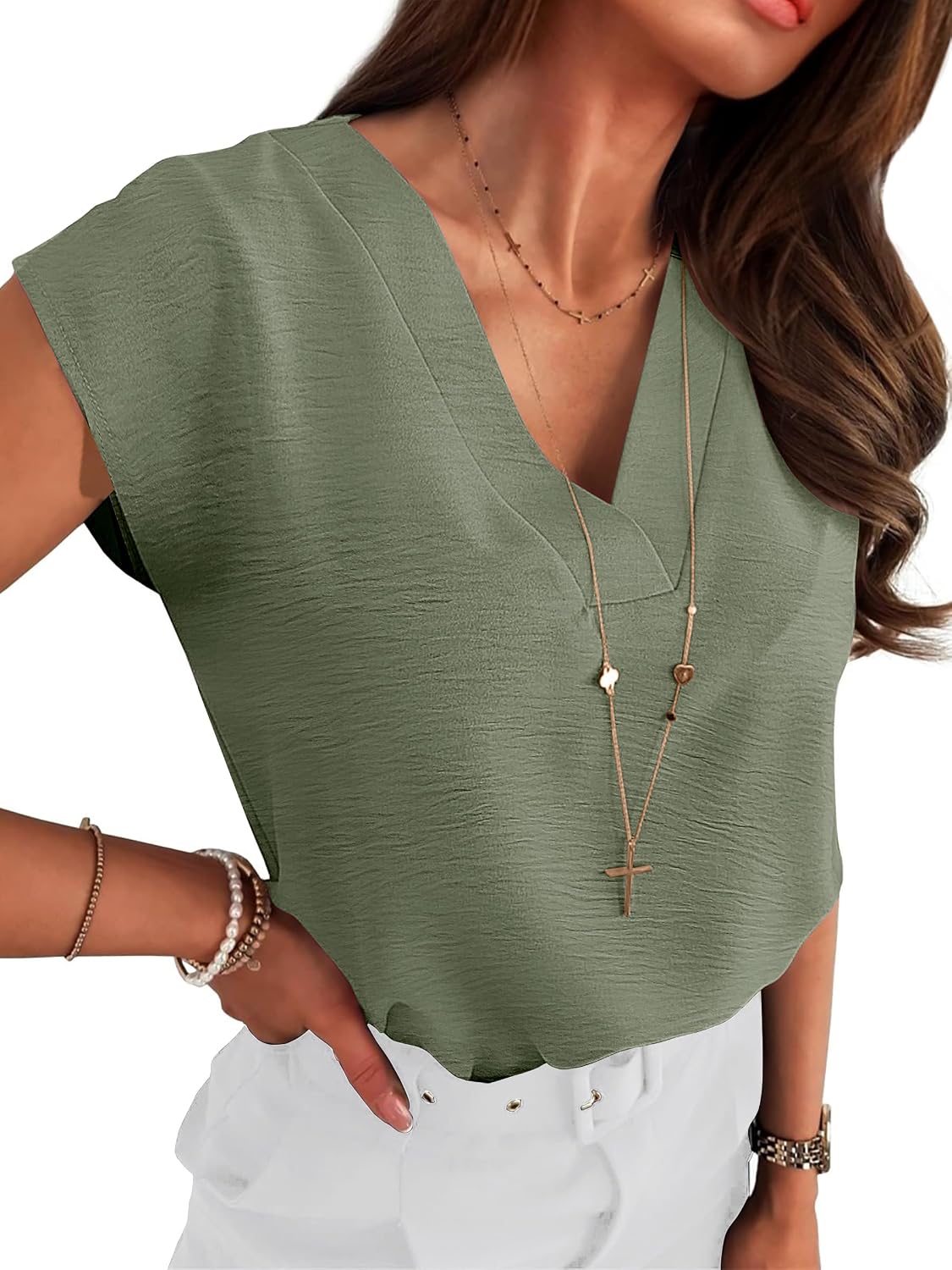 Women Tops Cap Sleeve Dressy Casual V Neck Shirts 2026 Summer Business Work Blouses Outfits Trendy Spring Clothing