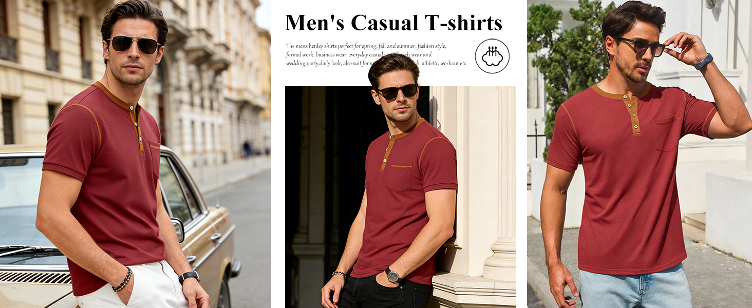 Mens Henley Shirt Casual Button Short Sleeve T-Shirt Summer Patchwork Color Block Tee Shirts 