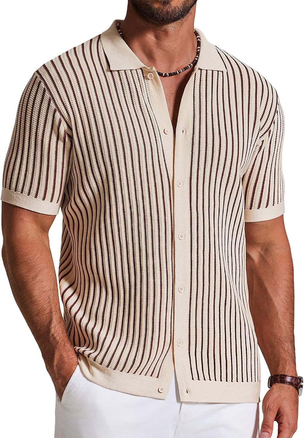 Mens Knit Button Down Shirts Short Sleeve Polo Shirt Vintage Striped Casual Shirts