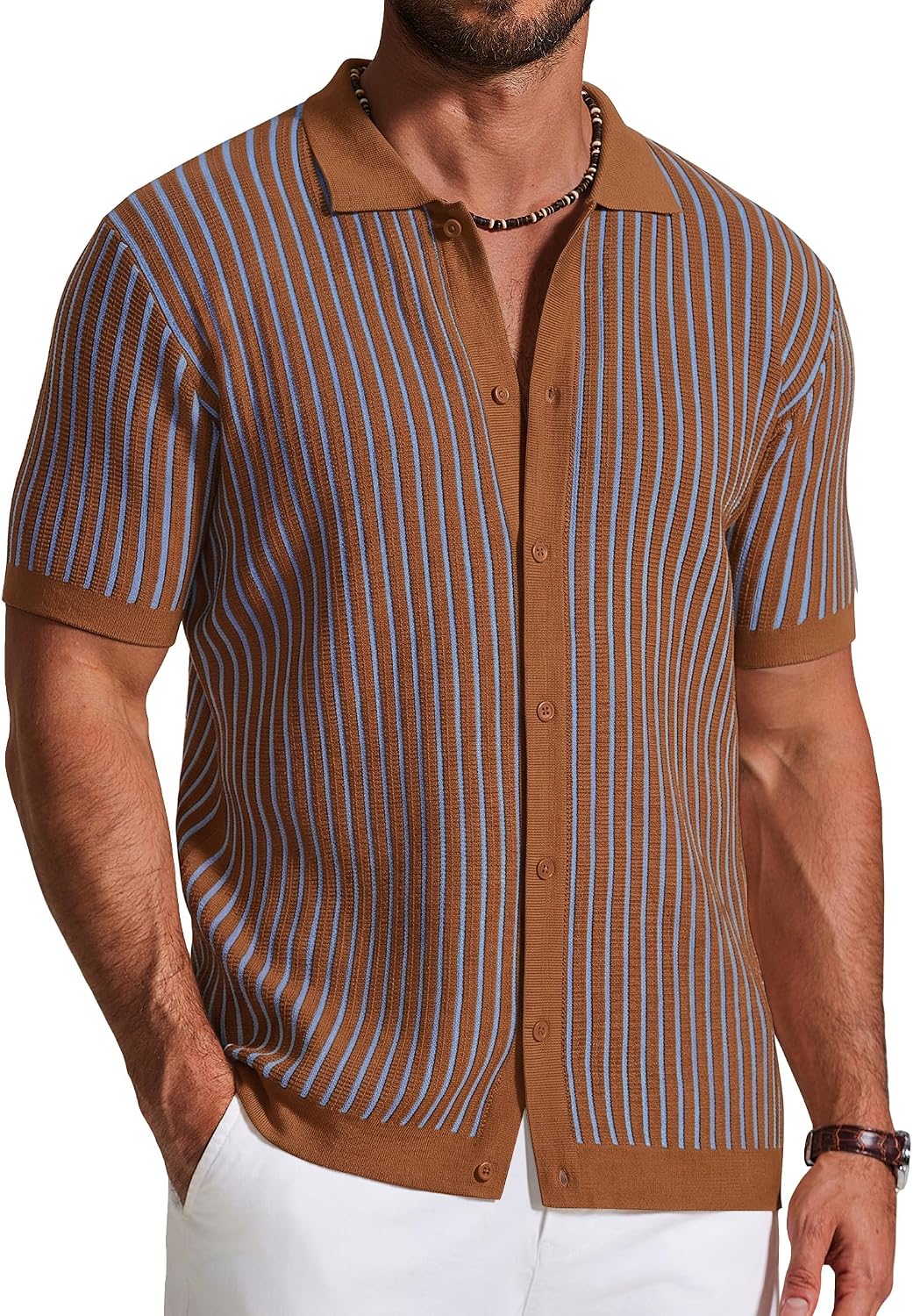 Mens Knit Button Down Shirts Short Sleeve Polo Shirt Vintage Striped Casual Shirts