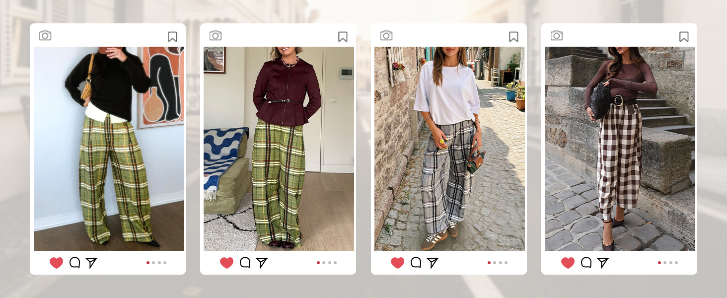Womens Wide Leg Plaid Pants Checkered Business Casual Trousers High Wiasted Baggy Palazzo Pants