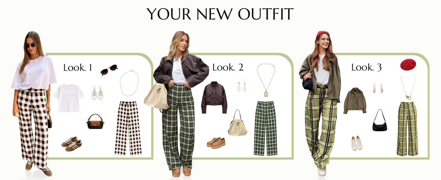 Womens Wide Leg Plaid Pants Checkered Business Casual Trousers High Wiasted Baggy Palazzo Pants