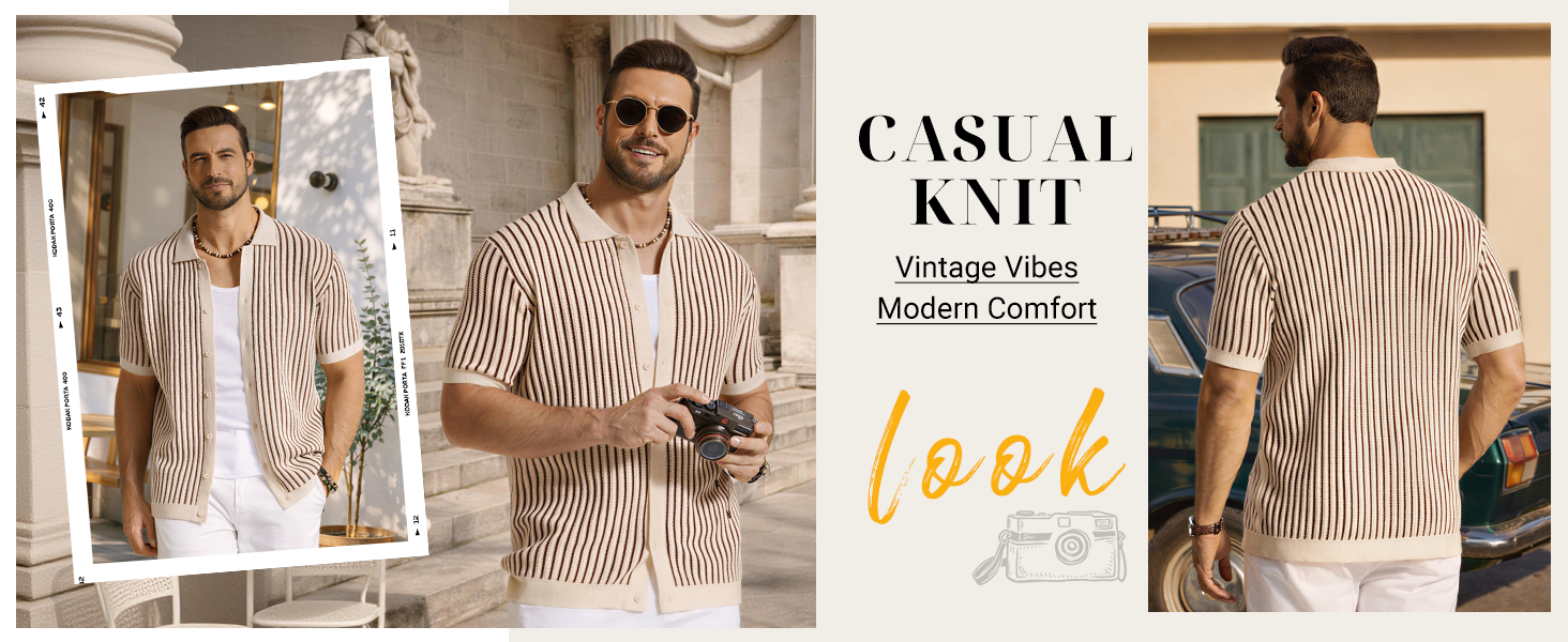 COOFANDY Mens Knit Polo Shirts Short Sleeve Button Down Casual Shirts Vintage Summer Beach Tops
