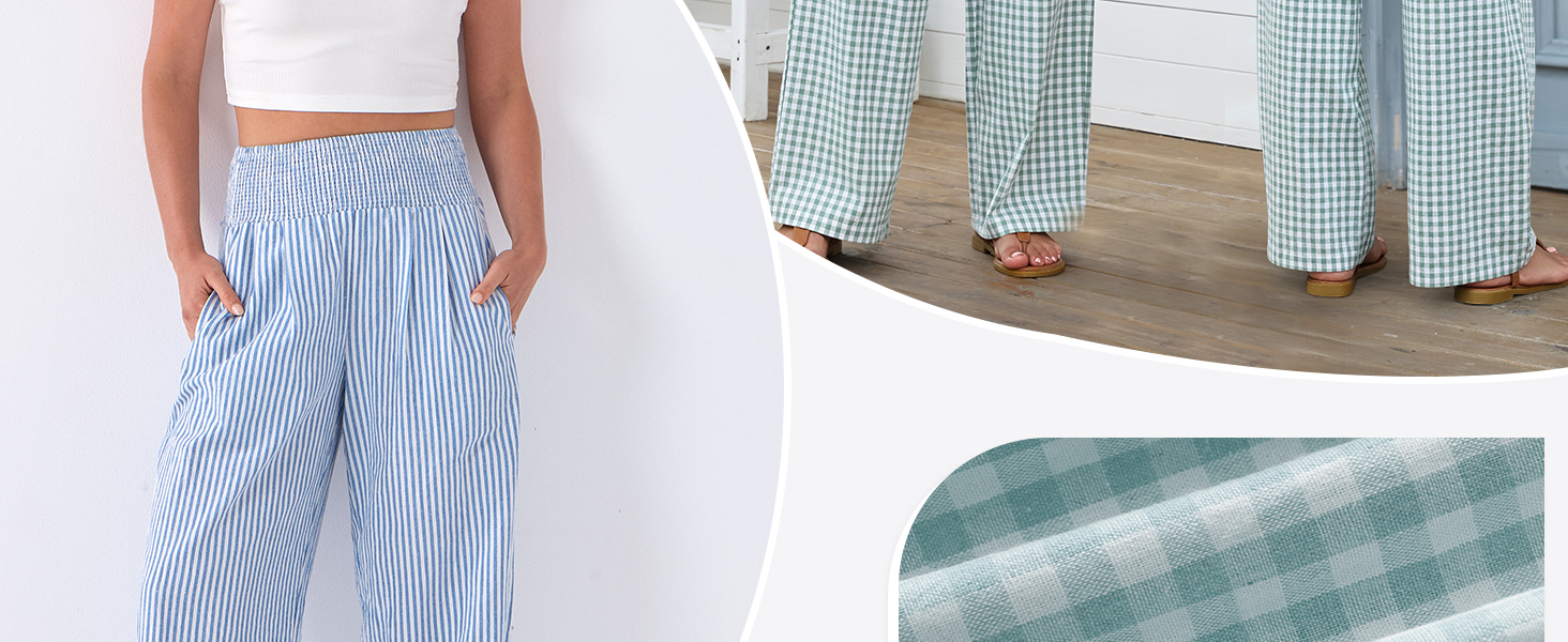 ANRABESS Womens Striped Gingham Palazzo Pants High Waisted Cute Trendy Pajamas Pants with Pockets
