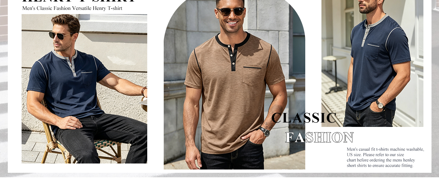 Mens Henley Shirt Casual Button Short Sleeve T-Shirt Summer Patchwork Color Block Tee Shirts 