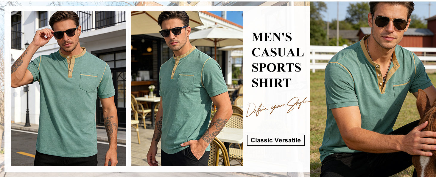 Mens Henley Shirt Casual Button Short Sleeve T-Shirt Summer Patchwork Color Block Tee Shirts 