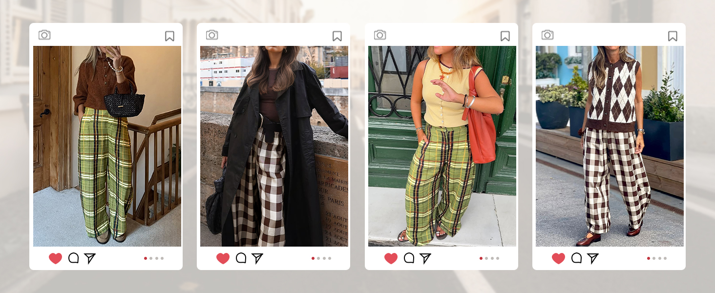 Womens Wide Leg Plaid Pants Checkered Business Casual Trousers High Wiasted Baggy Palazzo Pants