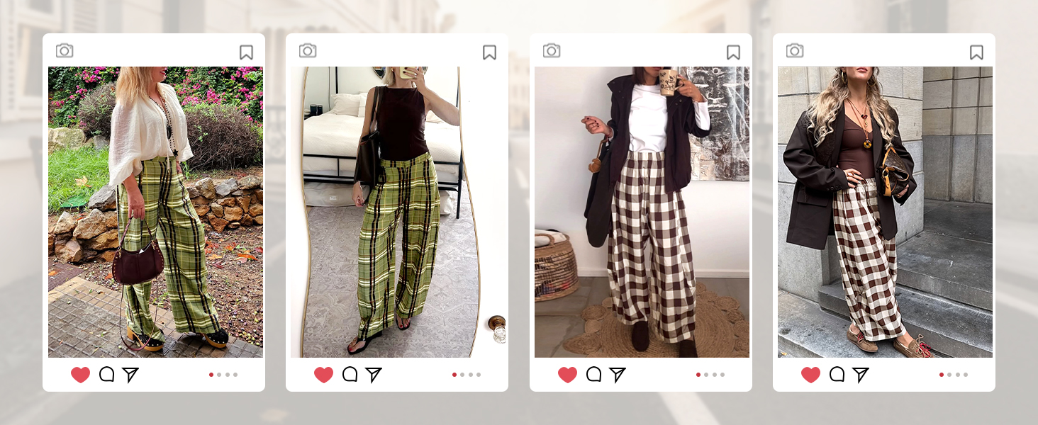 Womens Wide Leg Plaid Pants Checkered Business Casual Trousers High Wiasted Baggy Palazzo Pants