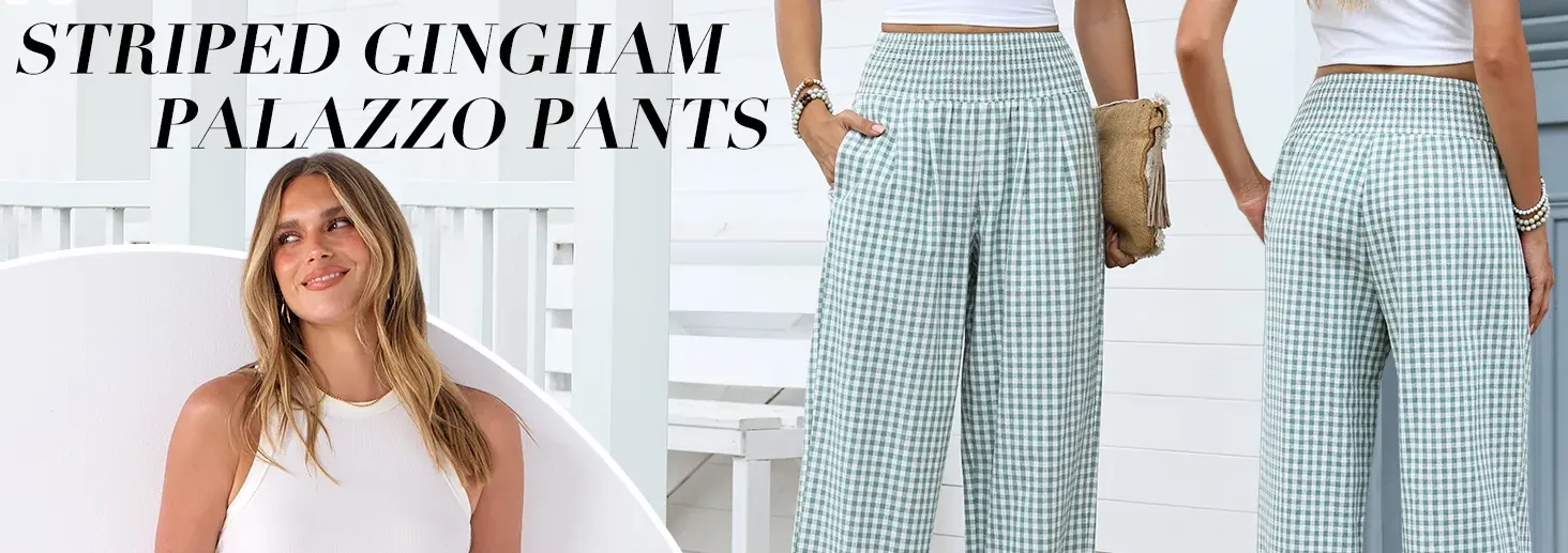 ANRABESS Womens Striped Gingham Palazzo Pants Wide Leg High Waisted Lounge Pants with Pockets