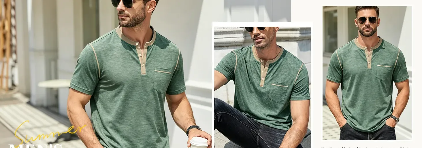 Men&amp;#39;s Henley Shirt Casual Button Short Sleeve T-Shirt Summer Patchwork Color Block Tee Shirts 