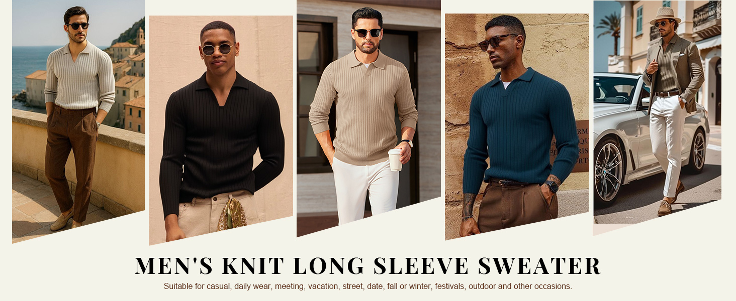 Mens Knit Polo Shirts Long Sleeve Casual Sweater Polos V Neck Collared Sweater Golf Polo Shirts