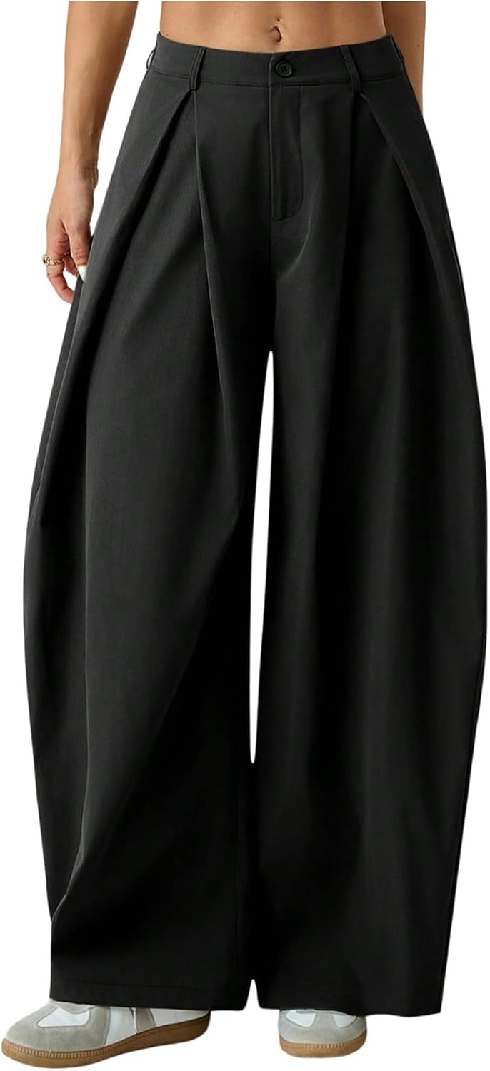 Women's Barrel Pleated Oversized Wide Leg Cargo Pants | Low Rise Baggy Fit, Business Casual Outfits, Spring Fall, Drop Waist Trousers