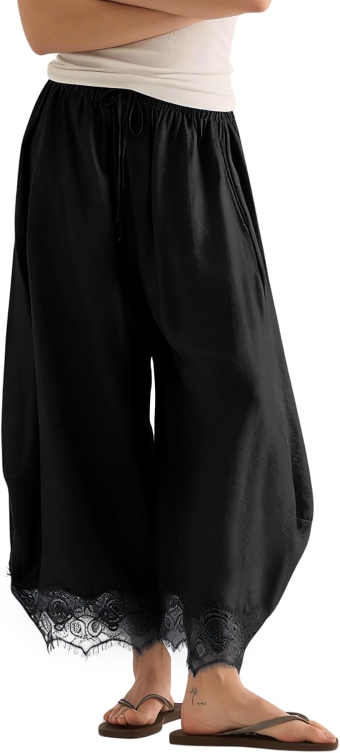 Womens Cropped Lace Hem Pants Casual Drawstring Waist Summer Wide Leg Pants Beach Trousers with Pockets