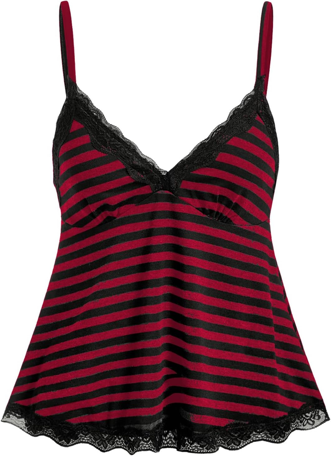 Womens Y2K Lace Cami Sleeveless Striped Spaghetti Strap Camisole Gothic Babydoll Tops