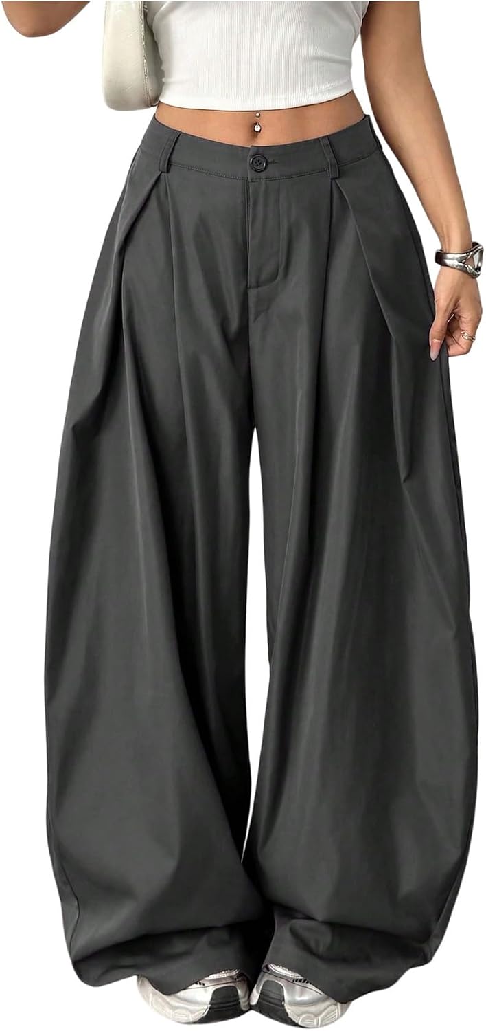Women's Barrel Pleated Oversized Wide Leg Cargo Pants | Low Rise Baggy Fit, Business Casual Outfits, Spring Fall, Drop Waist Trousers