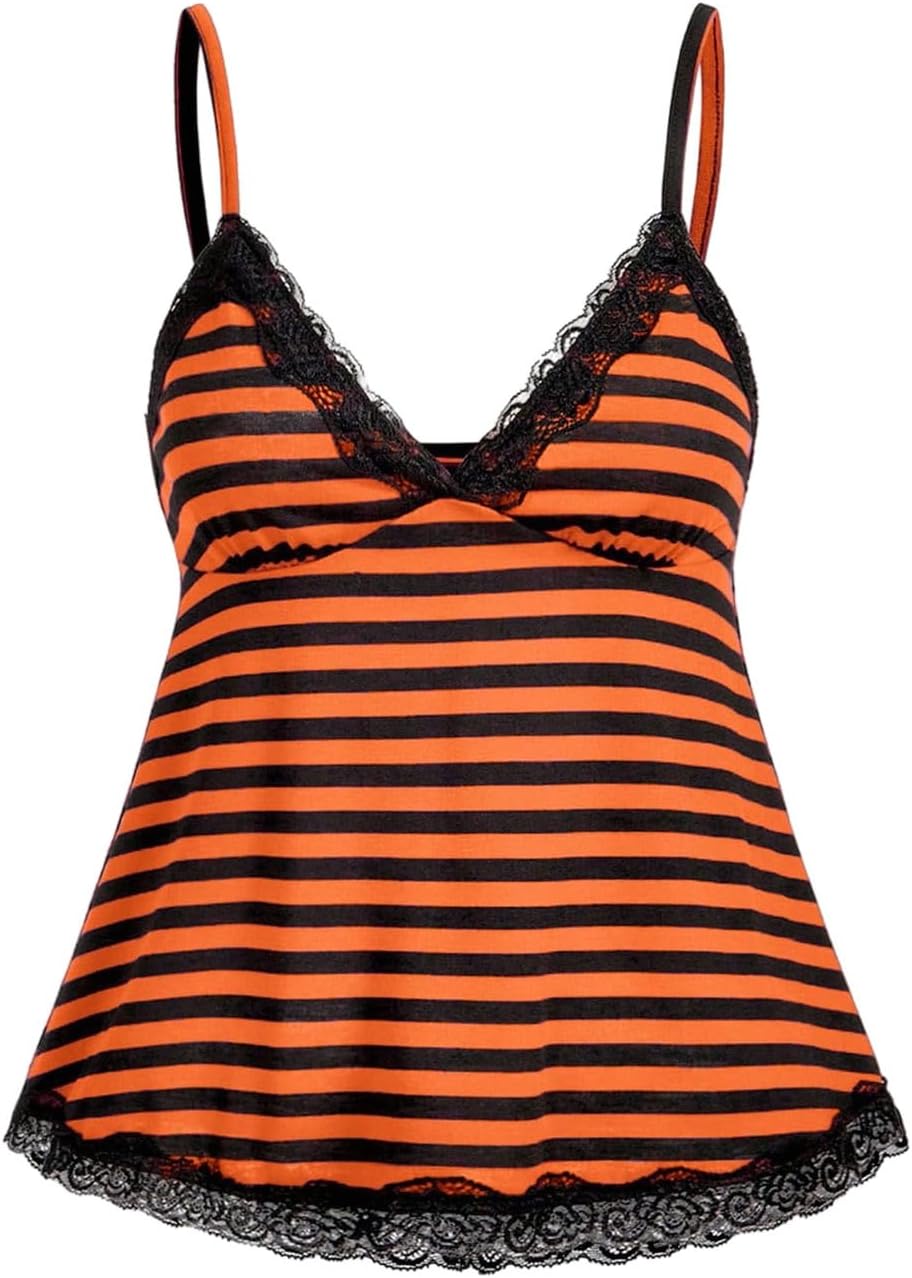 Womens Y2K Lace Cami Sleeveless Striped Spaghetti Strap Camisole Gothic Babydoll Tops