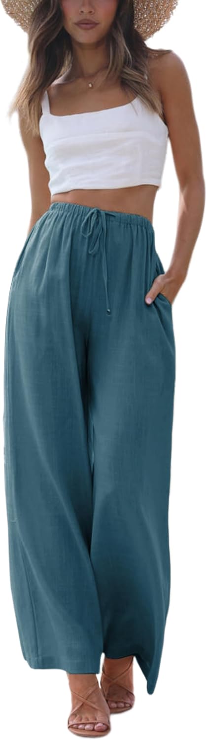 Women's Cotton Linen Summer Palazzo Pants Flowy Wide Leg Beach Trousers with Pockets