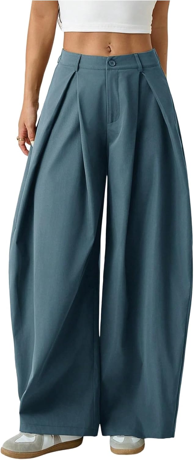 Women's Barrel Pleated Oversized Wide Leg Cargo Pants | Low Rise Baggy Fit, Business Casual Outfits, Spring Fall, Drop Waist Trousers