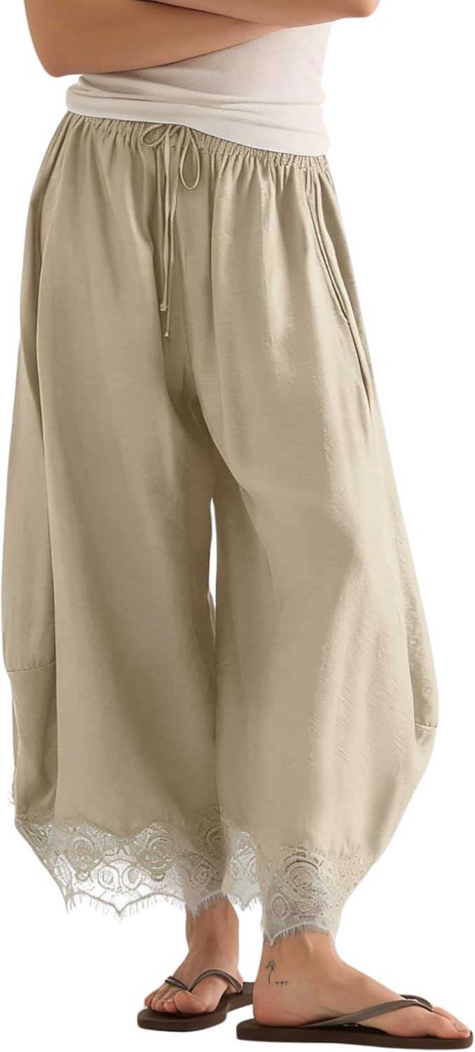 Womens Cropped Lace Hem Pants Casual Drawstring Waist Summer Wide Leg Pants Beach Trousers with Pockets