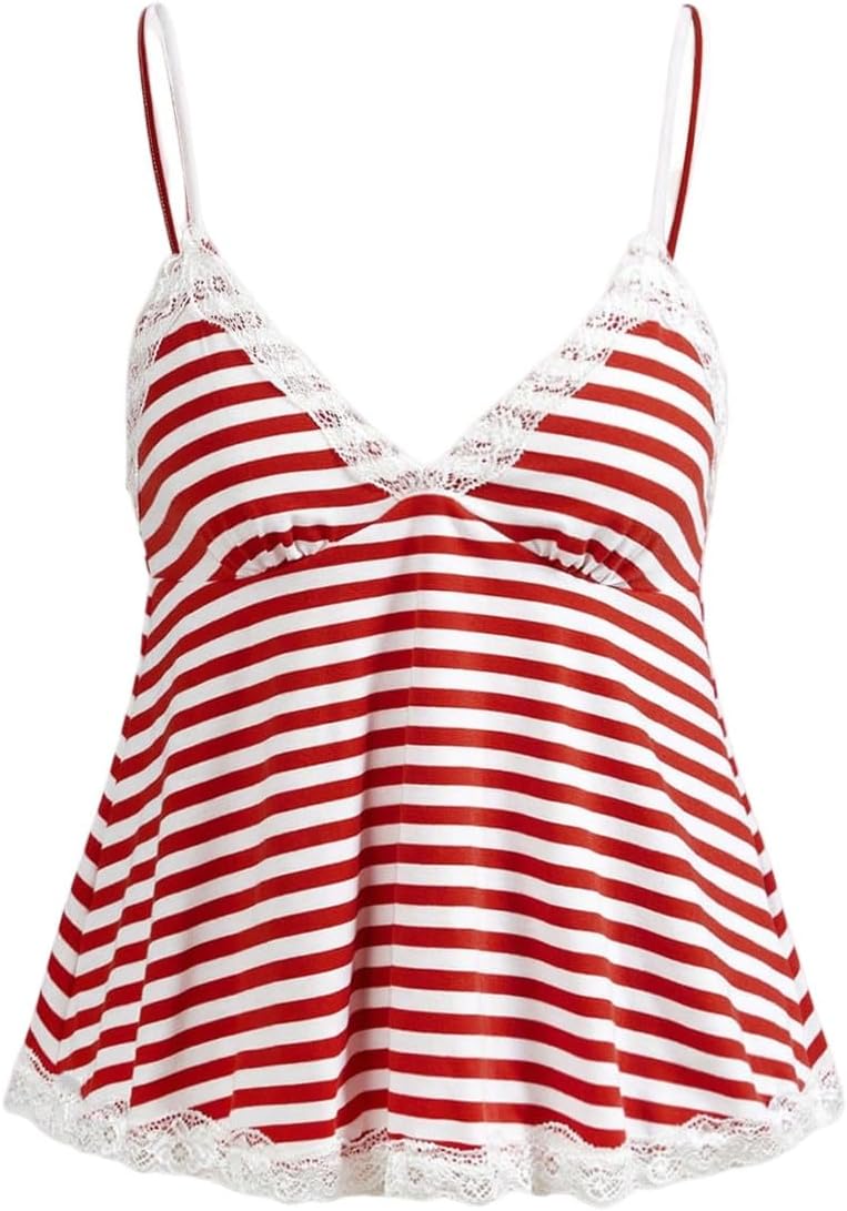 Womens Y2K Lace Cami Sleeveless Striped Spaghetti Strap Camisole Gothic Babydoll Tops
