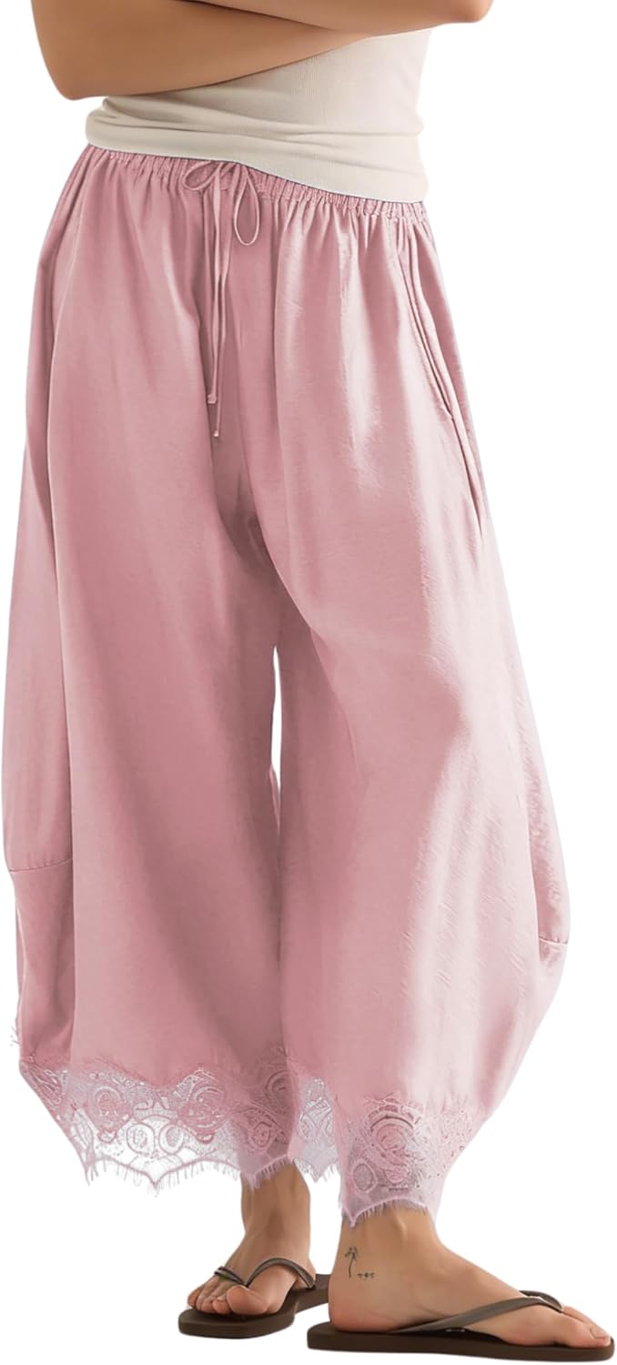 Womens Cropped Lace Hem Pants Casual Drawstring Waist Summer Wide Leg Pants Beach Trousers with Pockets